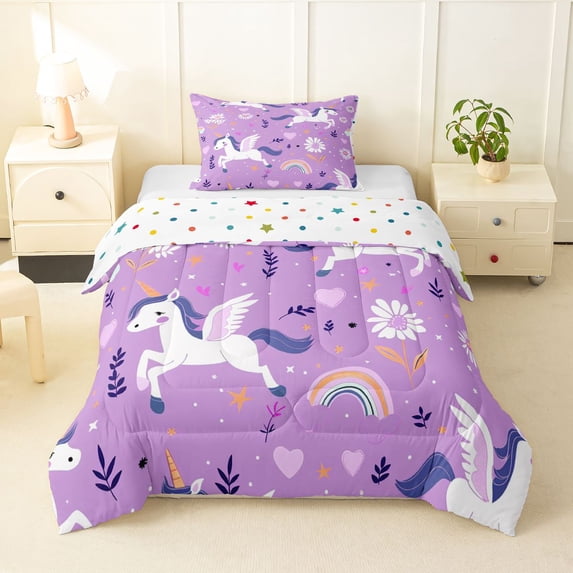 Manfei Lovely Unicorns Twin Comforter Sets,Sweet Floral Pattern Bedding Set,Purple,Polkadot Reversible,2pcs,1 Comforter and 1 Pillowcase
