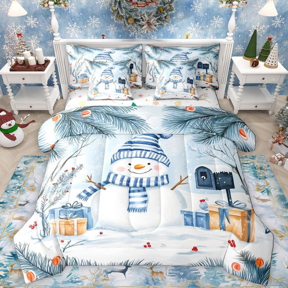Manfei Lovely Xmas Snowman 7-Piece Bedding Comforter Set,Teens Christmas Gifts King Bedding Sets,Happy New Year Bed Sheets For Boys Girls,Luxury Bedroom Decor Reversible