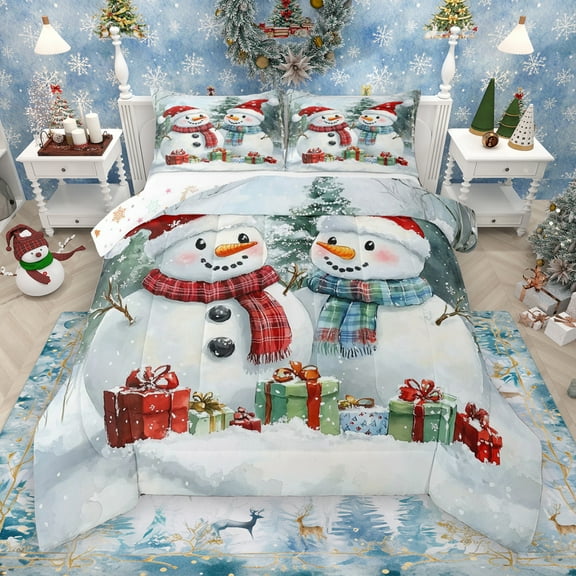 Manfei Lovely Xmas Snowman Bedding Comforter Set,Merry Christmas Twin Comforter Sets,White Red Bedding Set For Girl Teens,Breathable Home Decor Reversible,2pcs
