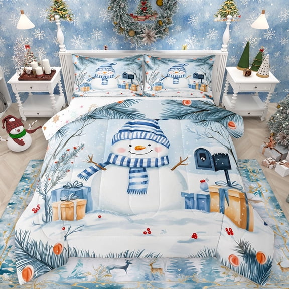 Manfei Lovely Xmas Snowman Bedding Comforter Set,Teens Christmas Gifts Twin Comforter Sets,Happy New Year Bedding Set For Boys Girls,Luxury Bedroom Decor Reversible,2-Piece