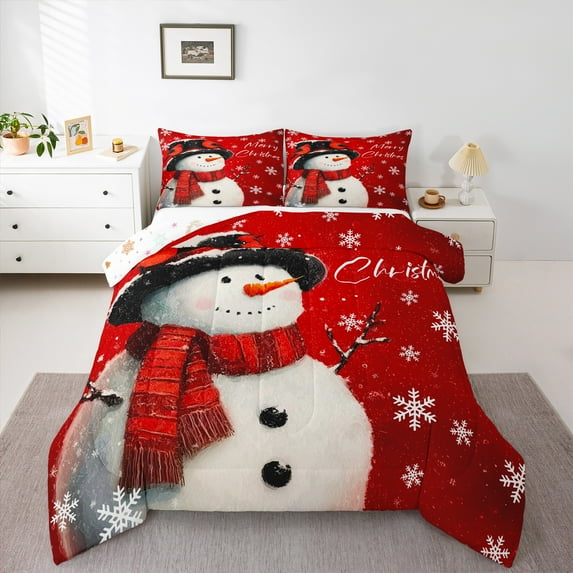 Manfei Lovely Xmas Snowman King Size Comforter Sets,White Snowflake Bedding Comforter Set,Merry Christmas Bedding Set For Children,Breathable Home Decor Reversible,3-Piece