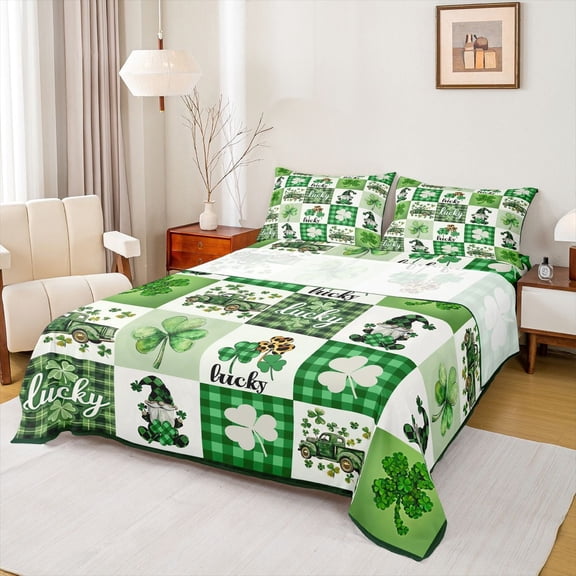 Manfei Lucky Four Leaves Clover Queen Sheet Sets,Cute Cartoon Gnome Flat Sheet,St.Patrick Day Checkered Queen Fitted Sheet For Girls Kids,Microfiber Bedroom Decor,4 Pieces