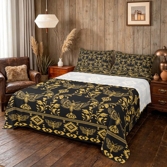 Manfei Luxe Gothic Moth Bed Sheets, Aztec Tribal Floral Damask Fuul Size Sheets, Black Gold, Black Reversible 4pcs1 Flat Sheet + 1 Fitted Sheet + 2 Pillowcases