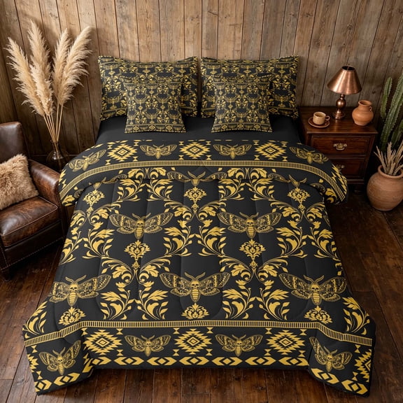 Manfei Luxe Gothic Moth Twin Bedding, Aztec Tribal Floral Damask Bedding Comforter Set, Black Gold, Black Reversible 7 Pieces