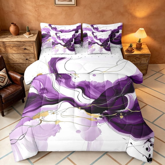 Manfei Luxury Abstract Fluid Queen Bedding, Marble Swirl Bedding Comforter Set Queen, Purple White Gold, Reversible 7-Piece