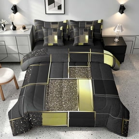 Manfei Luxury Geometric Mosaic Plaid Full Size Bedding Sets, Glitter Full Size Bed in a Bag, Black Gold, Black Reversible 7pcs