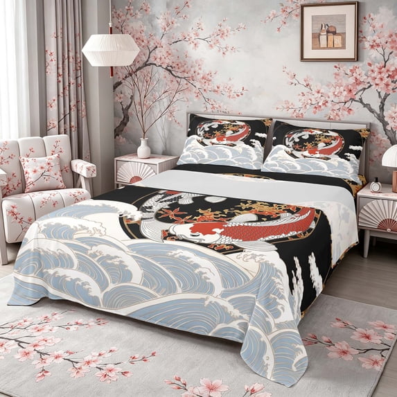 Manfei Luxury Koi Queen Sheet Sets for Home, Wave Gold Art Bed Set for Office, Black Gold Red 4 Pieces, 1 Flat Sheet, 1 Fitted Sheet and 2 Pillowcases
