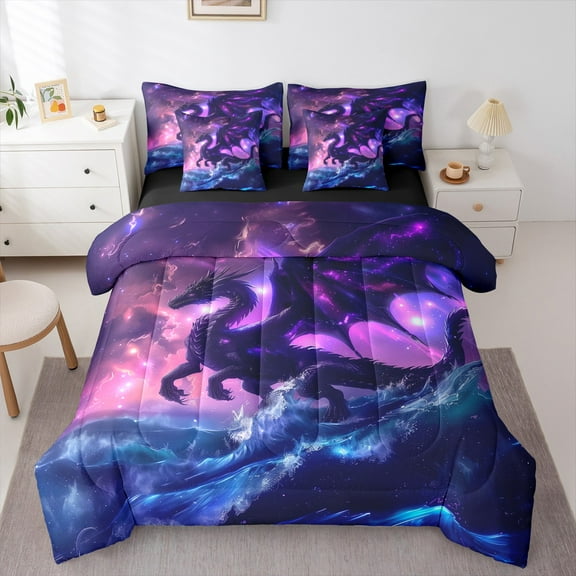 Manfei Magic Animal Dragon 7-Piece Bedding Comforter Set,Galaxy Starry Night King Bedding Sets,Pink Blue Bed Sheets For Teens,Ultra Soft Home Decor Reversible