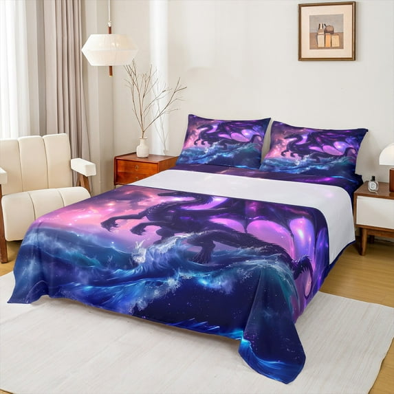 Manfei Magic Animal Dragon Twin Sheet Sets,Galaxy Starry Night Twin Fitted Sheet,Pink Blue Flat Sheet For Teens,Ultra Soft Home Decor,3-Piece