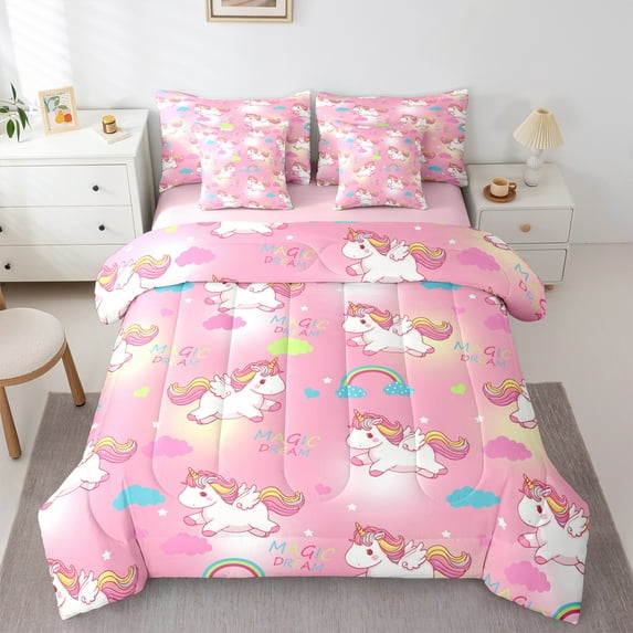 Manfei Magic Animal Unicorn 7 Pieces Bedding Comforter Set,Cute Rainbow Full Bedding Set,Multicolor Cartoon Coluds Fitted Sheet Flat Sheet For Girls Boys,Luxury Bedroom Decor Reversible
