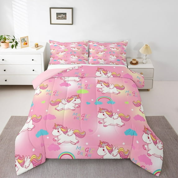 Manfei Magic Animal Unicorn Bedding Comforter Set,Cute Rainbow Twin Comforter Sets,Multicolor Cartoon Coluds Bedding Set For Girls Boys,Luxury Bedroom Decor Reversible,2pcs