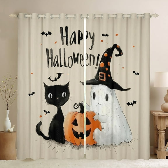 Manfei Magic Cat Animal Black Out Curtains for Kids, Kawaii Ghost Pumpkin Curtains Pack of 2 (42x63 Each), Mystic Halloween Bat Bedroom Curtains, Living Room Curtains Decor