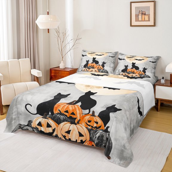 Manfei Magic Cat Animal Queen Sheet Sets for Kids, Halloween Bat Pumpkin Flat Sheet, Mystic Halloween Bat Queen Fitted Sheet, Breathable Home Decor, 4pcs