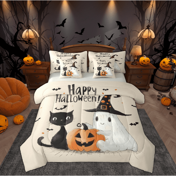 Manfei Magic Cat Animal Twin Bedding Sets 7-Piece for Kids, Kawaii Ghost Pumpkin Bedding Comforter Set, Mystic Halloween Bat Reversible Sheet Sets, Ultra Soft Home Decor
