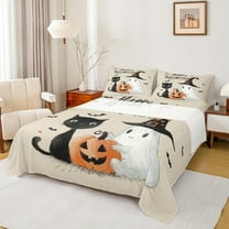 Manfei Magic Cat Animal Twin Sheet Sets for Kids, Kawaii Ghost Pumpkin Twin Fitted Sheet, Mystic Halloween Bat Flat Sheet, Ultra Soft Home Decor, 3pcs