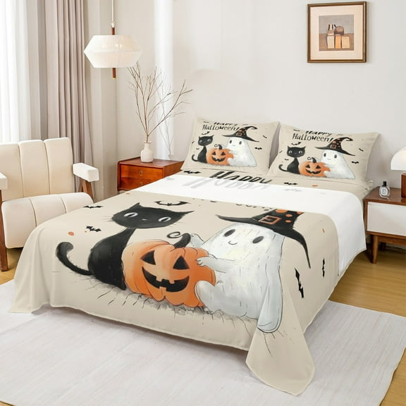 Manfei Magic Cat Animal Twin Sheet Sets for Kids, Kawaii Ghost Pumpkin Twin Fitted Sheet, Mystic Halloween Bat Flat Sheet, Ultra Soft Home Decor, 3pcs