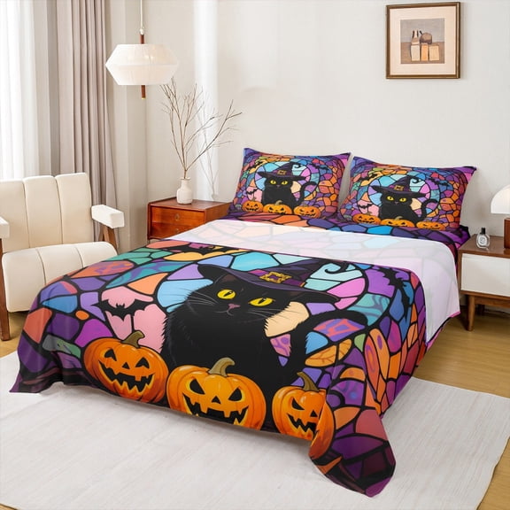 Manfei Magic Cat Bed Sheets Set Queen Size, Halloween Pumpkin Bed Sheets Queen, Bohomian Style Bedding Queen Size, Super Cozy Bedroom Decor, 4 Pieces