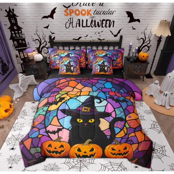 Manfei Magic Cat Bedding Sets King Size, Halloween Pumpkin Bed in a Bag King size, Bohomian Style Reversible Comforter Sets with Sheets, Super Cozy Bedroom Decor, 7 Pieces