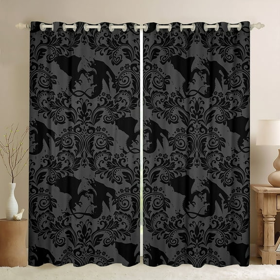 Manfei Magic Dragon Animal Blackout Curtains Set of 2 (52x84 Each), Hippie Damask Flower Print Window Curtains, Western Tribal Boho Curtains and Drapes, Curtains and Drapes Room Decor