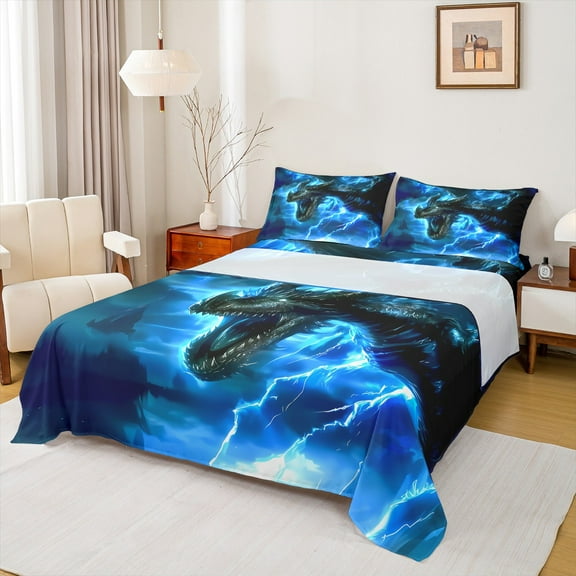Manfei Magic Dragon Bed Sheets 4pcs, Magical Animal Wildlife King Sheets, Blue Lightning Sheet Set, Microfiber Bedroom Decor