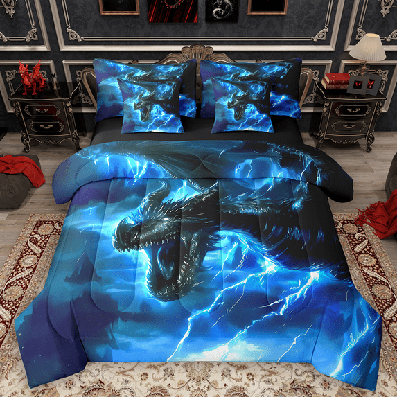 Manfei Magic Dragon Bedding Comforter Set 7 Pieces, Magical Animal Wildlife Queen Bedding Sets, Blue Lightning Queen Sheet Sets, Microfiber Bedroom Decor