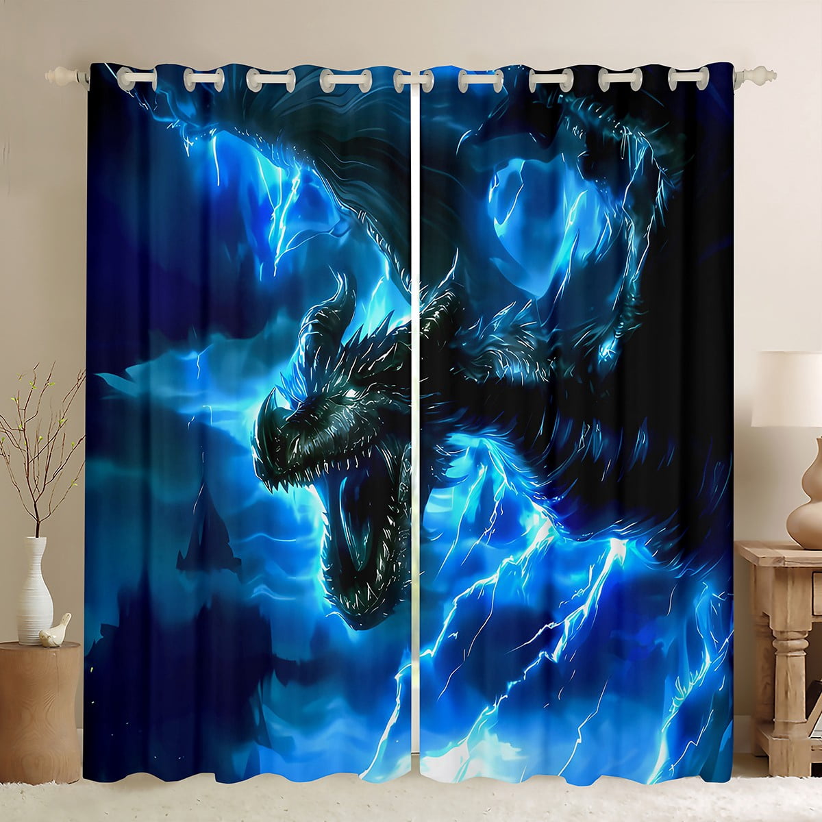 Manfei Magic Dragon Black Out Curtains, Magical Animal Wildlife Curtains Pack of 2 (42x63 Each), Blue Lightning Bedroom Curtains, Luxury Bedroom Decor