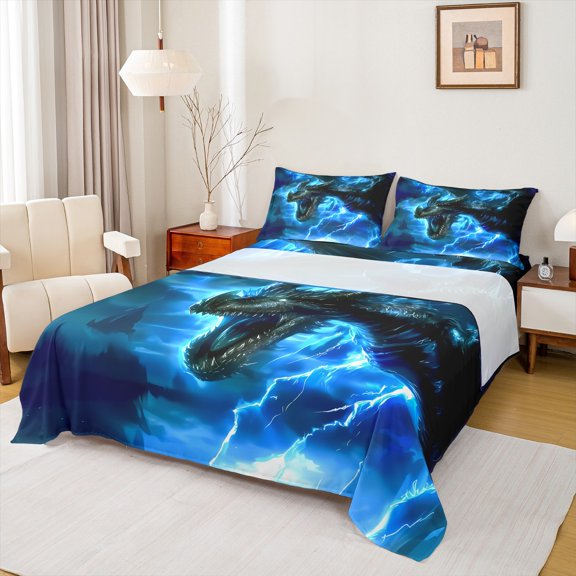 Manfei Magic Dragon Twin Sheet Sets 3pcs, Magical Animal Wildlife Twin Fitted Sheet, Blue Lightning Flat Sheet, Microfiber Bedroom Decor