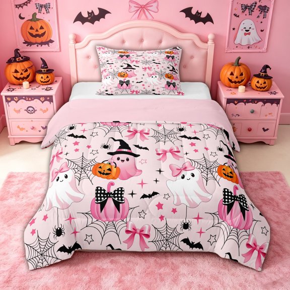 Manfei Magic Halloween Ghost Skull Twin Comforter Sets for Girls, Cute Pink Bow Pumpkin Bedding Set, Pink Reversible, 2pcs, 1 Comforter and 1 Pillowcase