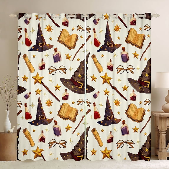 Manfei Magic Halloween Theme Blackout Curtains,Cartoon Witch Print Window Curtains Pack of 2 (38x45 Each)