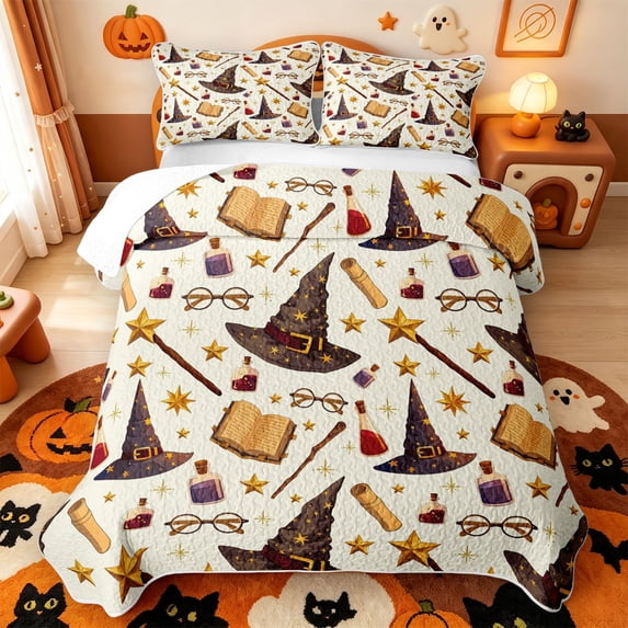 Manfei Magic Halloween Theme Quilt Full,Cartoon Witch Print Full Bedspread Sets,3 Pieces,1 Coverlet and 2 Pillowcases