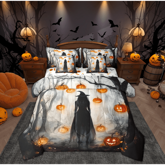Manfei Magic Halloween Witch Bedding Comforter Set 7pcs for Kids, Neon Orange Pumpkin King Bedding Sets, Spooky Jungle Reversible Bed Sheets, Lightweight Room Decor