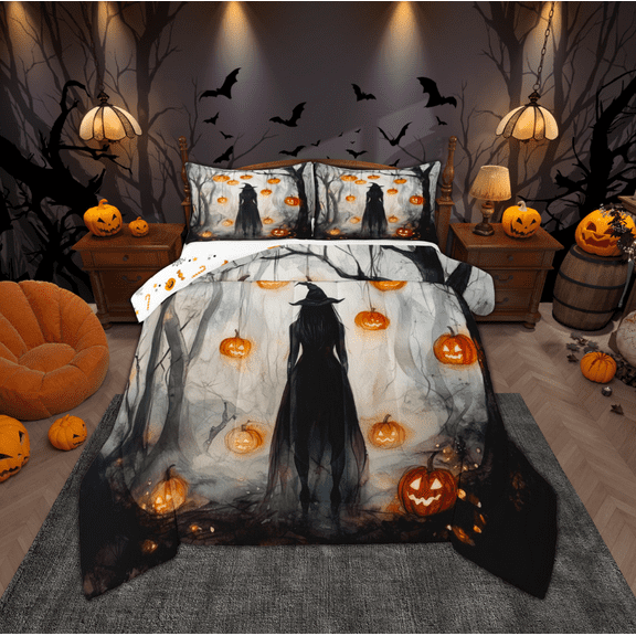 Manfei Magic Halloween Witch Bedding Comforter Set for Kids, Neon Orange Pumpkin Twin Comforter Sets, Spooky Jungle Reversible Bedding Set, Lightweight Room Decor, 2 Pieces