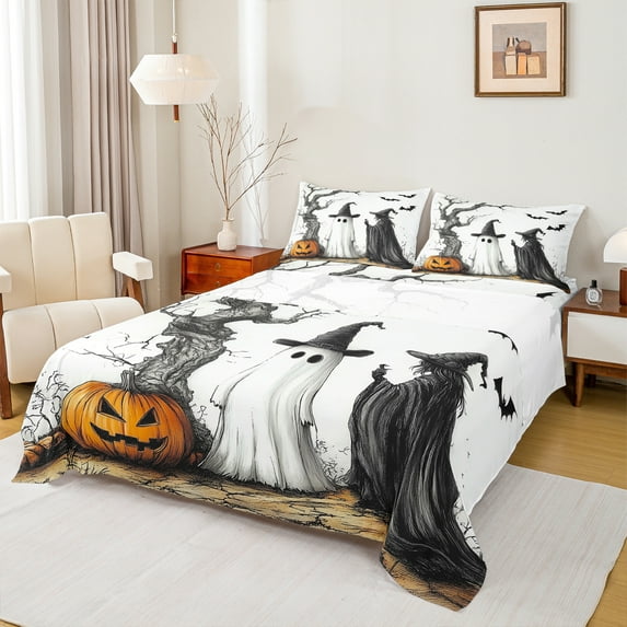 Manfei Magic Halloween Witch Full Size Sheets for Kids, Neon Orange Pumpkin Bed Sheets, Spooky Jungle Sheet Sets, Luxury Bedroom Decor, 4-Piece