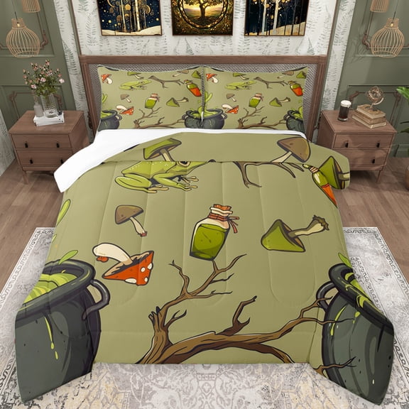 Manfei Magic Jungle Frog Bedding Comforter Set for Kids, Mystic Jungle Witch Twin Comforter Sets, Fairy Tale Theme Bedding Set, Super Cozy Room Decor, 2-Piece