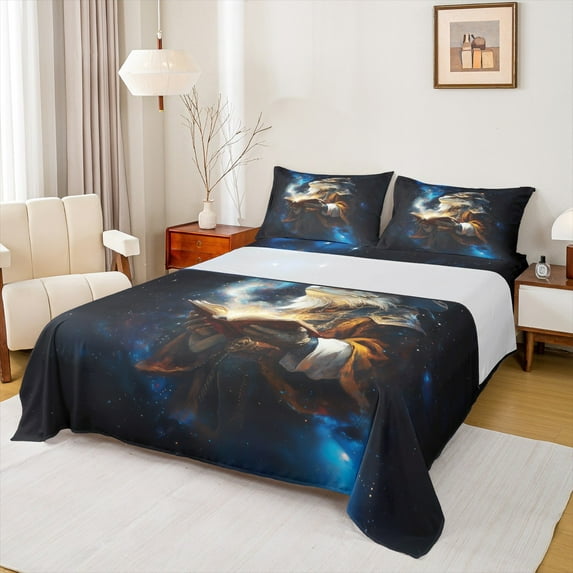 Manfei Magic Lizard Animal Twin Sheet Sets for Kid, Glitter Stars Starry Sky Twin Fitted Sheet, Fairy Tale Flat Sheet, Luxury Bedroom Decor, 3pcs