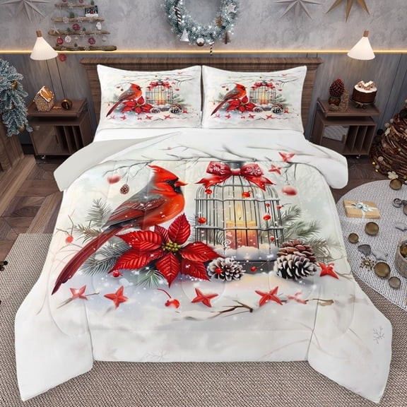Manfei Magic Red Robin Bedding Comforter Set, Winter Xmas Poinsettia Floral Twin Comforter Sets, Kawaii Winter Bird Reversible Bedding Set, Lightweight Room Decor, 2-Piece