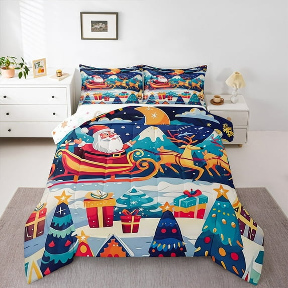 Manfei Magic Santa Claus Bedding Comforter Set for Kid, Xmas Reindeer Animal Twin Comforter Sets, Christmas Eve Reversible Bedding Set, Ultra Soft Home Decor, 2pcs