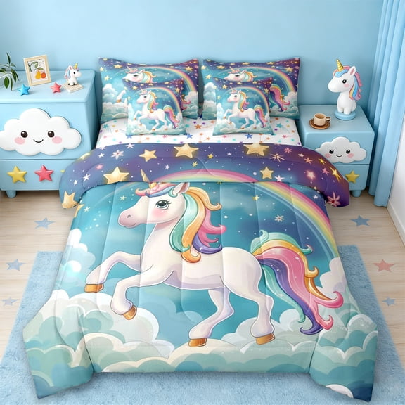 Manfei Magic Unicorn 7-Piece Twin Bedding Sets,Fairy Tale Theme Bedding Comforter Set,Cute Cartoon Animal Sheet Sets For Teens,Microfiber Bedroom Decor Reversible