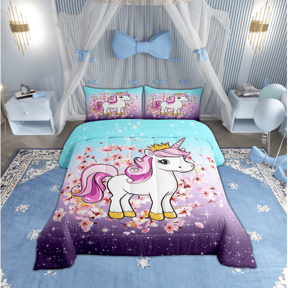 Manfei Magic Unicorn Animal Bedding Comforter Set, Dreamy Bling Stars Galaxy Twin Comforter Sets, Teen Boy Girl Kid Bedding Set, Breathable Home Decor, 2pcs