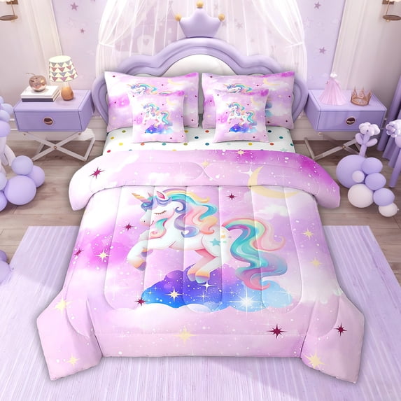 Manfei Magic Unicorn Bed in a Bag Twin size, Mystic Galaxy Bed Set, Glitter Stars Reversible Bedding Twin Size, Breathable Room Decor, 7 Pieces