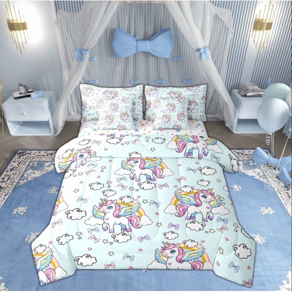 Feelyou Magic Unicorn Bedding Comforter Set 7-Piece, Cartoon Rainbow King Bedding Sets, Princess Bowknot Bed Sheets, Microfiber Bedroom Decor