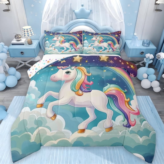 Manfei Magic Unicorn Bedding Comforter Set,Fairy Tale Theme Twin Comforter Sets,Cute Cartoon Animal Bedding Set For Teens,Microfiber Bedroom Decor Reversible,2pcs