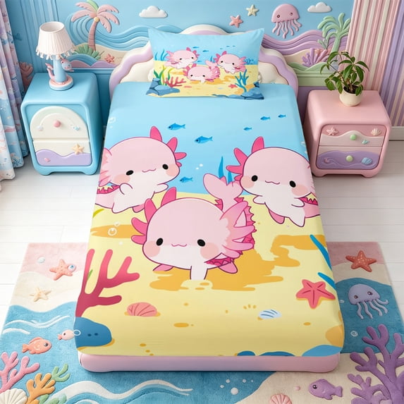 Manfei Magical Animal Twin Fitted Sheet,Aquatic Amphibian Axolotl Print Bedding,2 Pieces,1 Fitted Sheet and 1 Pillowcase