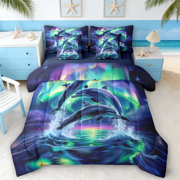 Manfei Magical Aurora Dolphin Twin Bedding Sets for Kids Boys and Girls, Marine Fantasy Print Bedding Comforter Set, Navy Reversible 7pcs