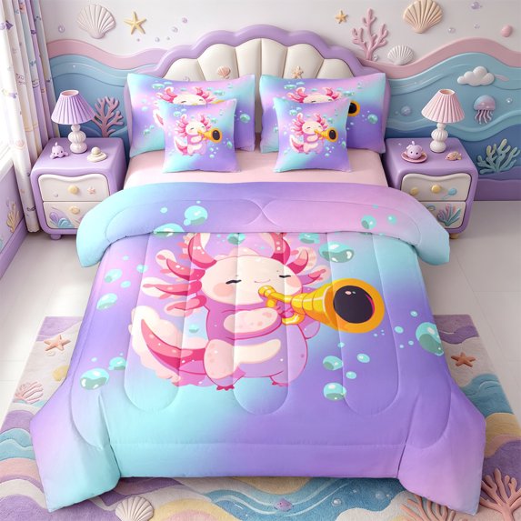 Manfei Magical Axolotl 7-Piece Twin Bedding,Ocean Amphibian Print Bedding Comforter Set,Pink Reversible