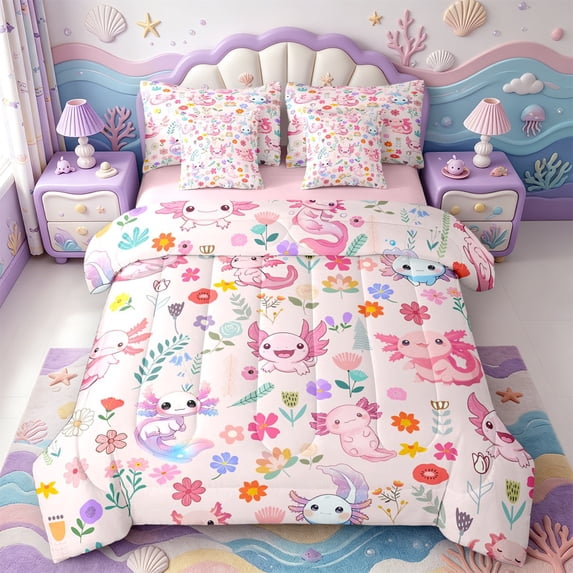 Manfei Magical Axolotl 7 Pieces Full Size Bedding Sets,Cartoon Animals Print Full Size Bed in a Bag,Pink Reversible