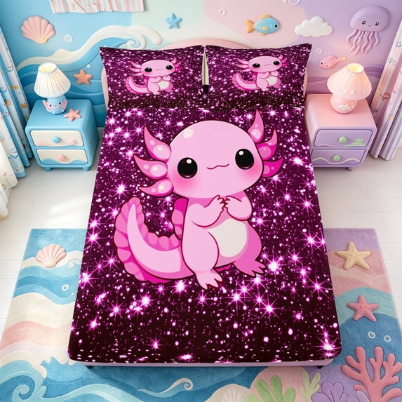 Manfei Magical Axolotl Fitted Sheet Queen,Animals Print Bedding,3-Piece,1 Fitted Sheet and 2 Pillowcases
