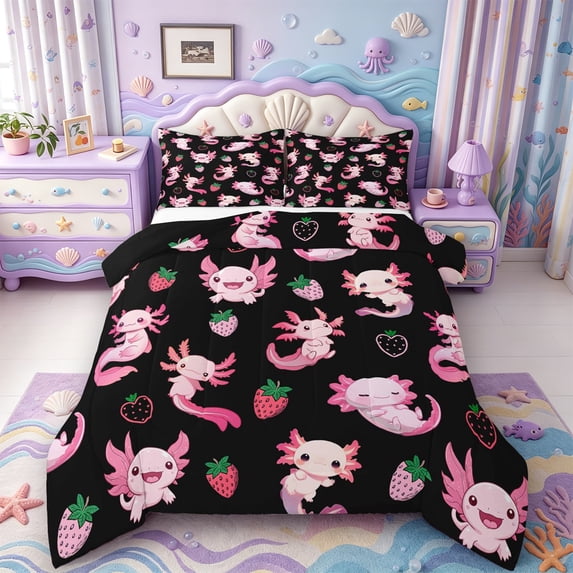 Manfei Magical Axolotl Full Size Comforter Sets,Watercolor Animals Pattern Bedding Comforter Set,Black Reversible,3pcs,1 Comforter and 2 Pillowcases