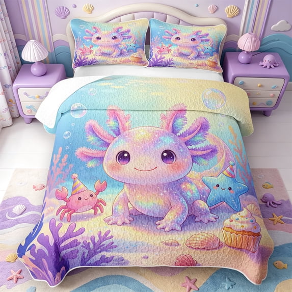 Manfei Magical Axolotl Quilt King,Pastel Ocean Animal King Coverlet Set,3pcs,1 Bedspread and 2 Pillowcases