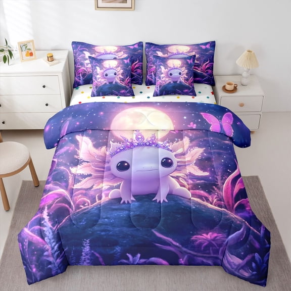 Manfei Magical Axolotl Twin Bedding,Cute Animal Bedding Comforter Set For Girls,Purple Pink,Polkadot Reversible,7-Piece